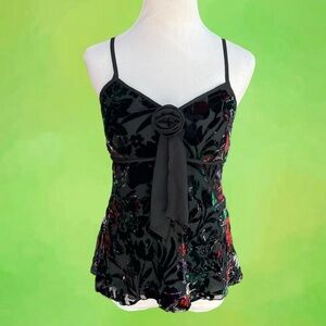 Italian Vintage Whimsygoth Black red and green floral velvet tank top